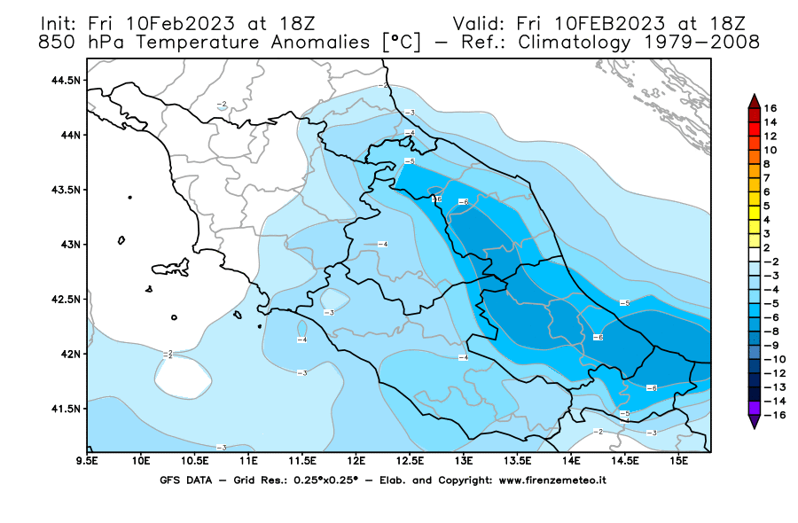 Mappa di analisi GFS - Anomalia Temperatura [°C] a 850 hPa in Centro-Italia
							del 10/02/2023 18 <!--googleoff: index-->UTC<!--googleon: index-->