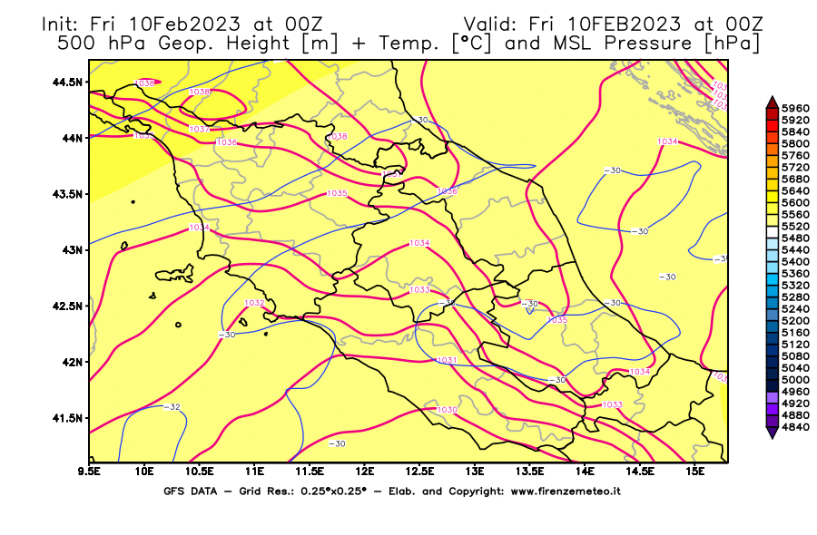 Mappa di analisi GFS - Geopotenziale [m] + Temp. [°C] a 500 hPa + Press. a livello del mare [hPa] in Centro-Italia
							del 10/02/2023 00 <!--googleoff: index-->UTC<!--googleon: index-->