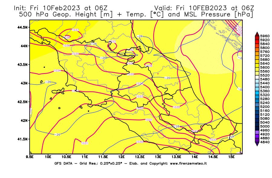 Mappa di analisi GFS - Geopotenziale [m] + Temp. [°C] a 500 hPa + Press. a livello del mare [hPa] in Centro-Italia
							del 10/02/2023 06 <!--googleoff: index-->UTC<!--googleon: index-->