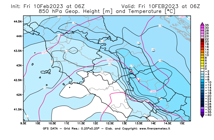 Mappa di analisi GFS - Geopotenziale [m] e Temperatura [°C] a 850 hPa in Centro-Italia
							del 10/02/2023 06 <!--googleoff: index-->UTC<!--googleon: index-->