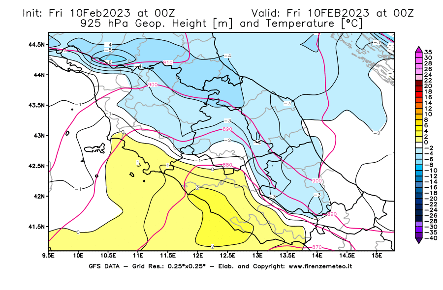 Mappa di analisi GFS - Geopotenziale [m] e Temperatura [°C] a 925 hPa in Centro-Italia
							del 10/02/2023 00 <!--googleoff: index-->UTC<!--googleon: index-->