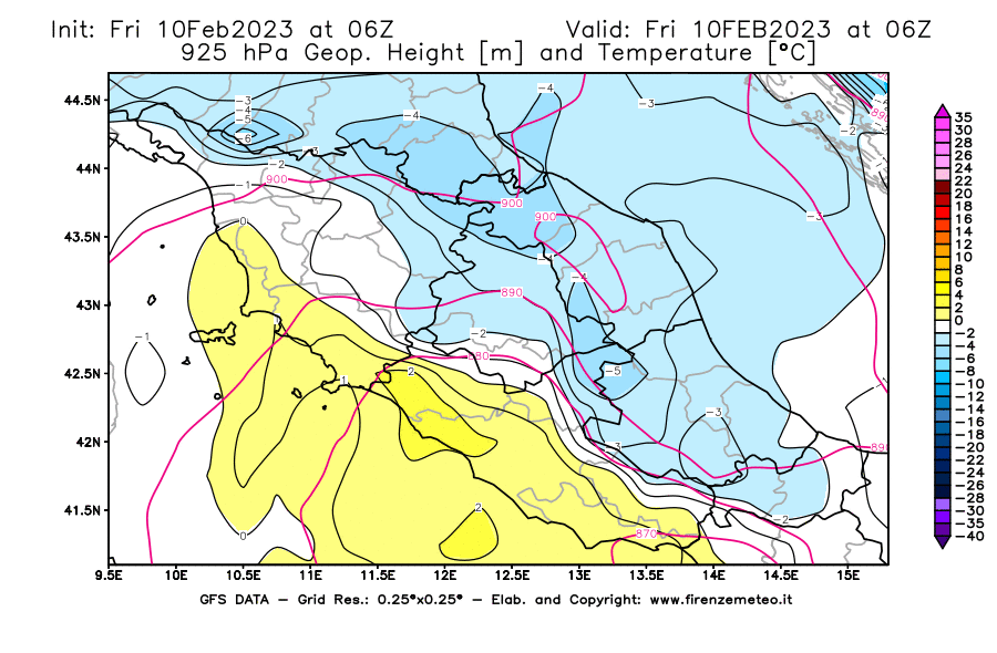 Mappa di analisi GFS - Geopotenziale [m] e Temperatura [°C] a 925 hPa in Centro-Italia
							del 10/02/2023 06 <!--googleoff: index-->UTC<!--googleon: index-->