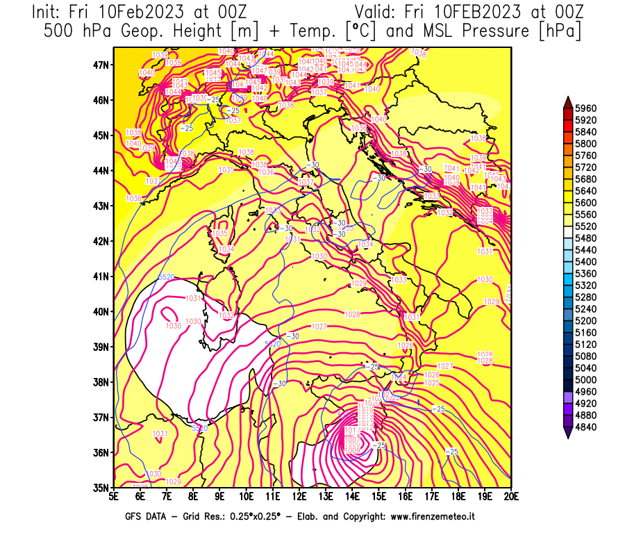 Mappa di analisi GFS - Geopotenziale [m] + Temp. [°C] a 500 hPa + Press. a livello del mare [hPa] in Italia
							del 10/02/2023 00 <!--googleoff: index-->UTC<!--googleon: index-->