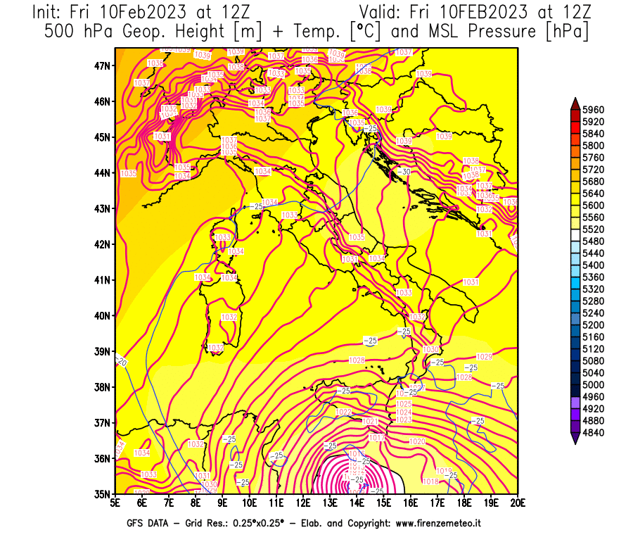 Mappa di analisi GFS - Geopotenziale [m] + Temp. [°C] a 500 hPa + Press. a livello del mare [hPa] in Italia
							del 10/02/2023 12 <!--googleoff: index-->UTC<!--googleon: index-->