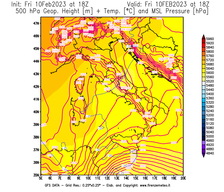 Mappa di analisi GFS - Geopotenziale [m] + Temp. [°C] a 500 hPa + Press. a livello del mare [hPa] in Italia
							del 10/02/2023 18 <!--googleoff: index-->UTC<!--googleon: index-->