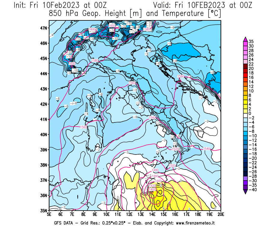 Mappa di analisi GFS - Geopotenziale [m] e Temperatura [°C] a 850 hPa in Italia
							del 10/02/2023 00 <!--googleoff: index-->UTC<!--googleon: index-->