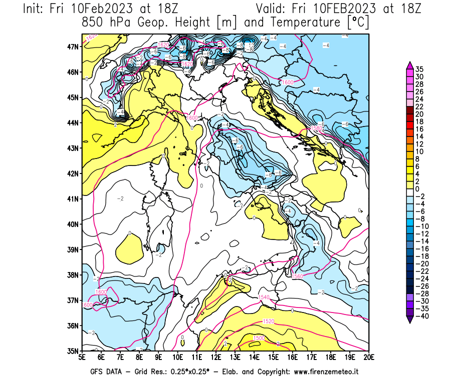 Mappa di analisi GFS - Geopotenziale [m] e Temperatura [°C] a 850 hPa in Italia
							del 10/02/2023 18 <!--googleoff: index-->UTC<!--googleon: index-->