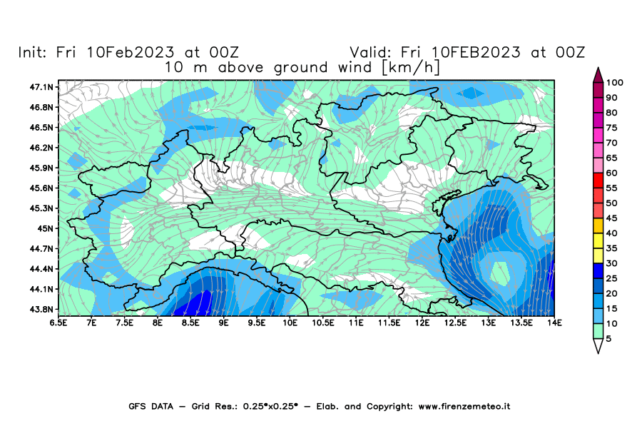 Mappa di analisi GFS - Velocità del vento a 10 metri dal suolo [km/h] in Nord-Italia
							del 10/02/2023 00 <!--googleoff: index-->UTC<!--googleon: index-->