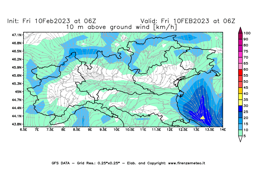 Mappa di analisi GFS - Velocità del vento a 10 metri dal suolo [km/h] in Nord-Italia
							del 10/02/2023 06 <!--googleoff: index-->UTC<!--googleon: index-->