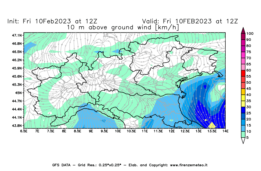 Mappa di analisi GFS - Velocità del vento a 10 metri dal suolo [km/h] in Nord-Italia
							del 10/02/2023 12 <!--googleoff: index-->UTC<!--googleon: index-->