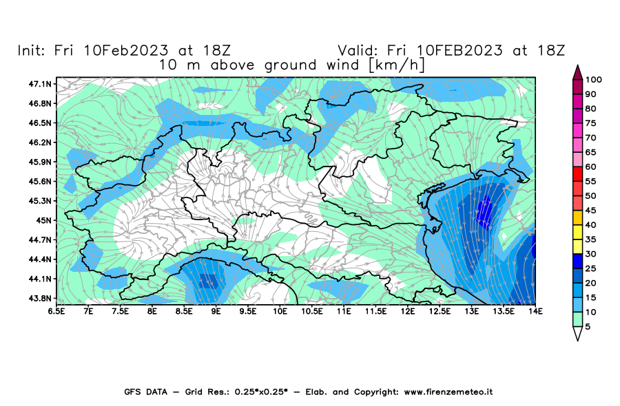 Mappa di analisi GFS - Velocità del vento a 10 metri dal suolo [km/h] in Nord-Italia
							del 10/02/2023 18 <!--googleoff: index-->UTC<!--googleon: index-->