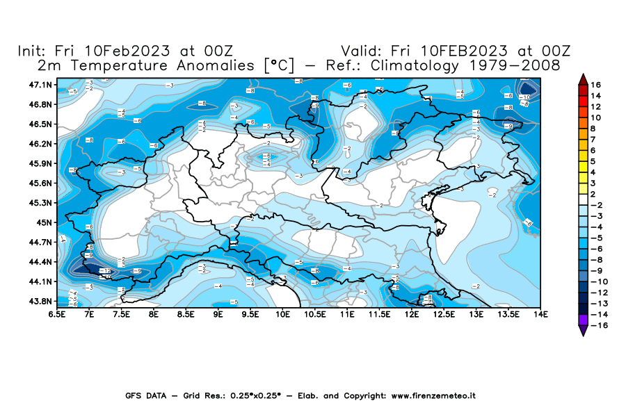 Mappa di analisi GFS - Anomalia Temperatura [°C] a 2 m in Nord-Italia
							del 10/02/2023 00 <!--googleoff: index-->UTC<!--googleon: index-->