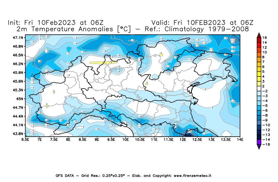 Mappa di analisi GFS - Anomalia Temperatura [°C] a 2 m in Nord-Italia
							del 10/02/2023 06 <!--googleoff: index-->UTC<!--googleon: index-->