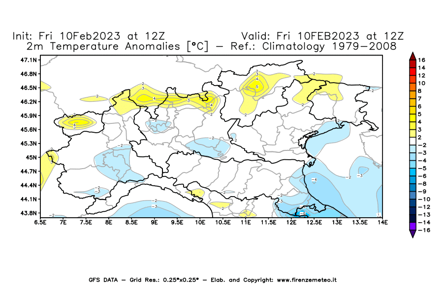 Mappa di analisi GFS - Anomalia Temperatura [°C] a 2 m in Nord-Italia
							del 10/02/2023 12 <!--googleoff: index-->UTC<!--googleon: index-->