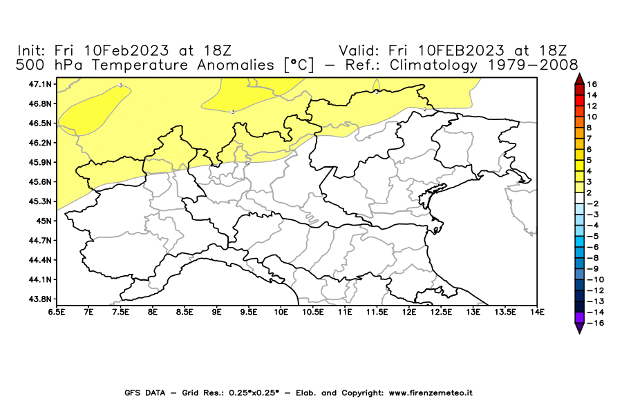 Mappa di analisi GFS - Anomalia Temperatura [°C] a 500 hPa in Nord-Italia
							del 10/02/2023 18 <!--googleoff: index-->UTC<!--googleon: index-->