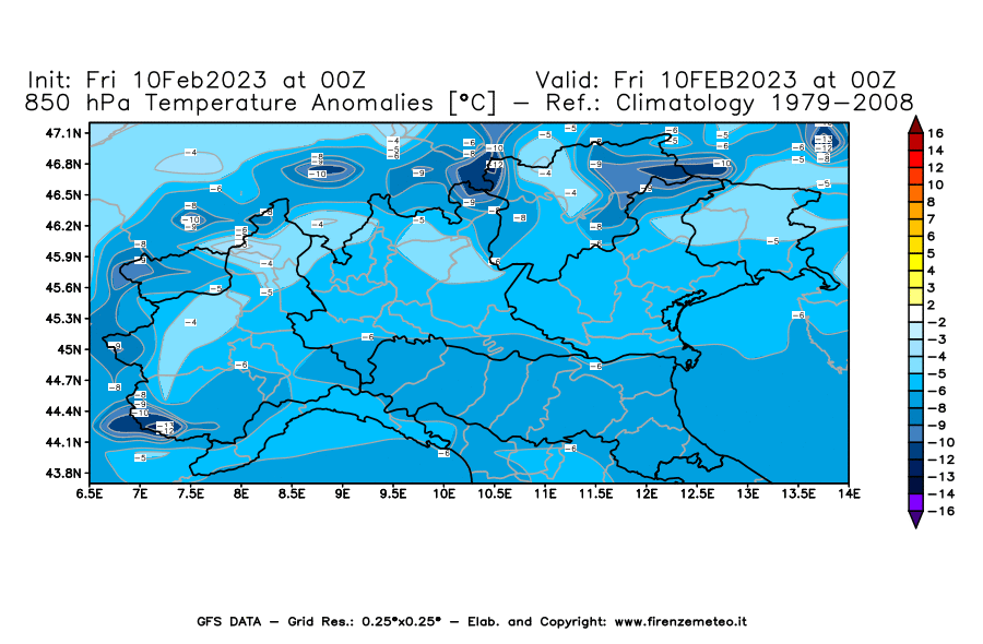 Mappa di analisi GFS - Anomalia Temperatura [°C] a 850 hPa in Nord-Italia
							del 10/02/2023 00 <!--googleoff: index-->UTC<!--googleon: index-->