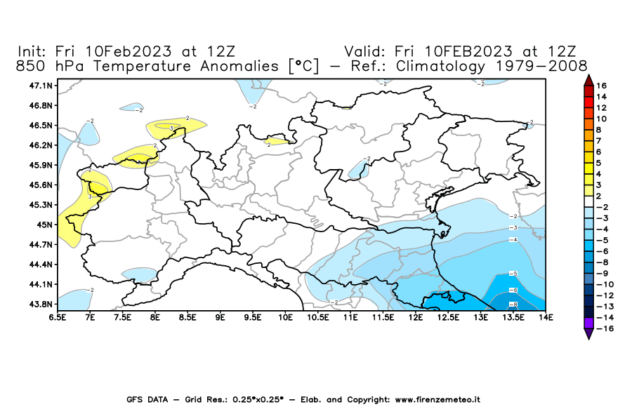 Mappa di analisi GFS - Anomalia Temperatura [°C] a 850 hPa in Nord-Italia
							del 10/02/2023 12 <!--googleoff: index-->UTC<!--googleon: index-->