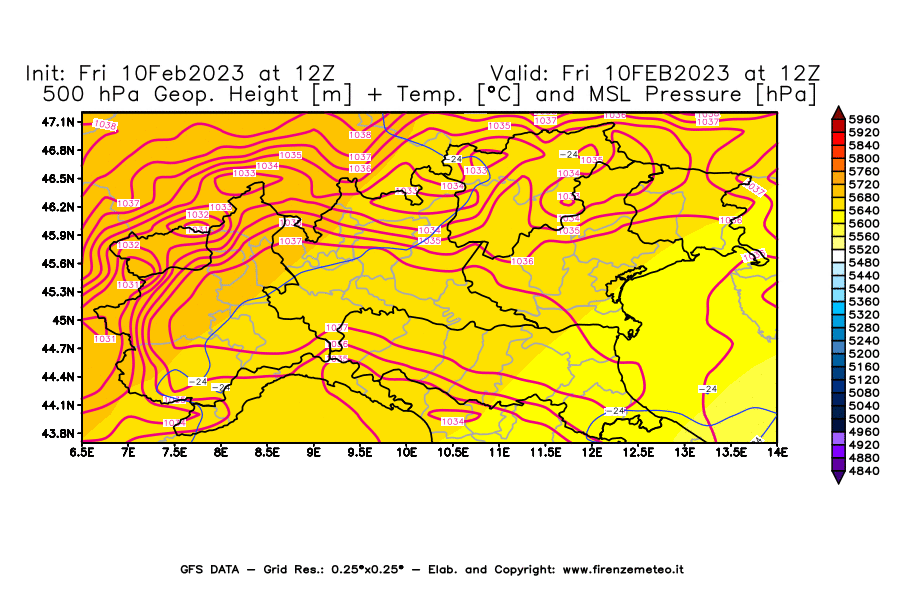 Mappa di analisi GFS - Geopotenziale [m] + Temp. [°C] a 500 hPa + Press. a livello del mare [hPa] in Nord-Italia
							del 10/02/2023 12 <!--googleoff: index-->UTC<!--googleon: index-->