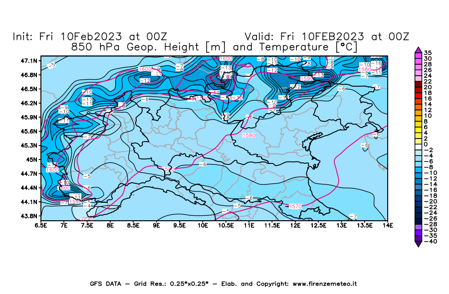Mappa di analisi GFS - Geopotenziale [m] e Temperatura [°C] a 850 hPa in Nord-Italia
							del 10/02/2023 00 <!--googleoff: index-->UTC<!--googleon: index-->