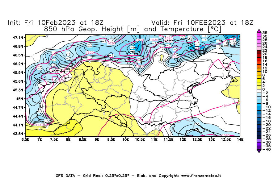 Mappa di analisi GFS - Geopotenziale [m] e Temperatura [°C] a 850 hPa in Nord-Italia
							del 10/02/2023 18 <!--googleoff: index-->UTC<!--googleon: index-->