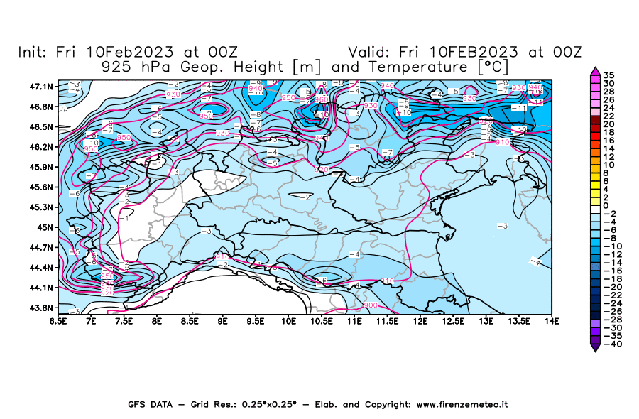 Mappa di analisi GFS - Geopotenziale [m] e Temperatura [°C] a 925 hPa in Nord-Italia
							del 10/02/2023 00 <!--googleoff: index-->UTC<!--googleon: index-->