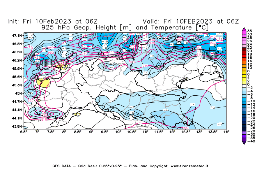 Mappa di analisi GFS - Geopotenziale [m] e Temperatura [°C] a 925 hPa in Nord-Italia
							del 10/02/2023 06 <!--googleoff: index-->UTC<!--googleon: index-->