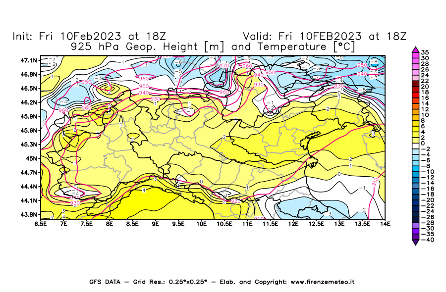 Mappa di analisi GFS - Geopotenziale [m] e Temperatura [°C] a 925 hPa in Nord-Italia
							del 10/02/2023 18 <!--googleoff: index-->UTC<!--googleon: index-->