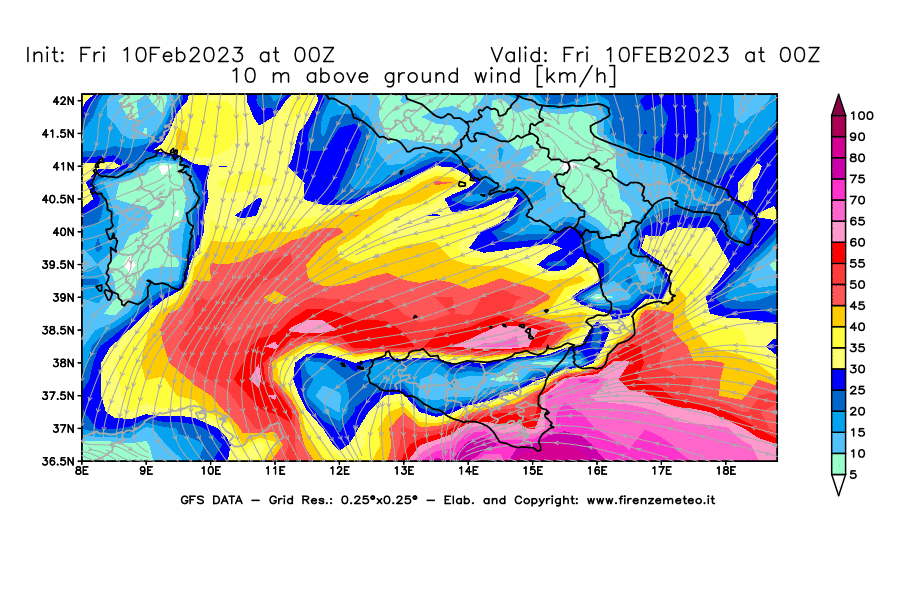 Mappa di analisi GFS - Velocità del vento a 10 metri dal suolo [km/h] in Sud-Italia
							del 10/02/2023 00 <!--googleoff: index-->UTC<!--googleon: index-->