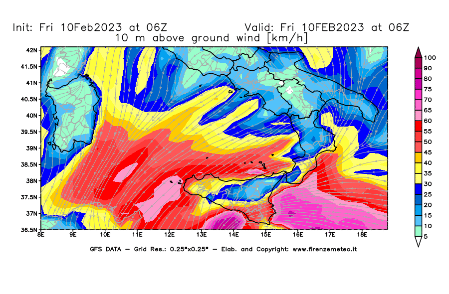 Mappa di analisi GFS - Velocità del vento a 10 metri dal suolo [km/h] in Sud-Italia
							del 10/02/2023 06 <!--googleoff: index-->UTC<!--googleon: index-->