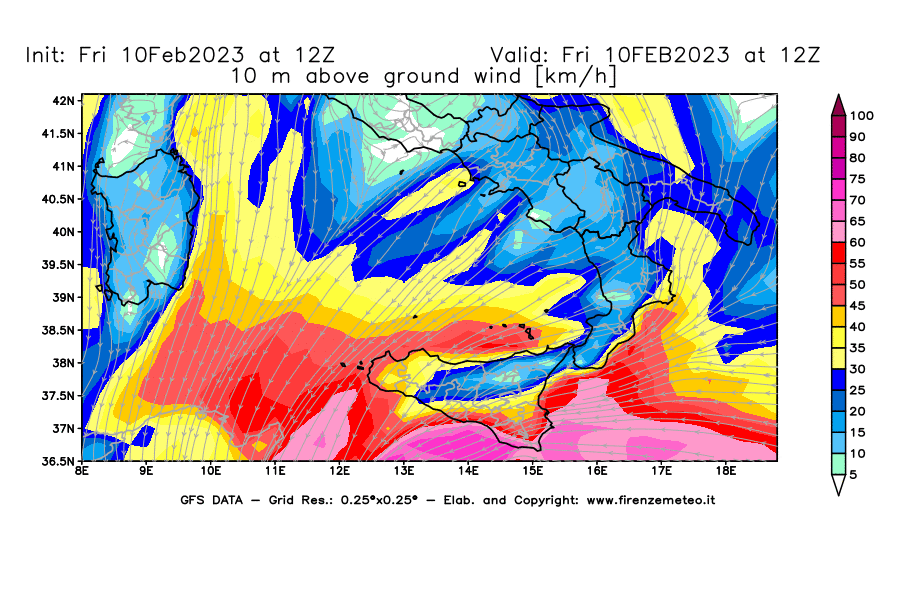 Mappa di analisi GFS - Velocità del vento a 10 metri dal suolo [km/h] in Sud-Italia
							del 10/02/2023 12 <!--googleoff: index-->UTC<!--googleon: index-->