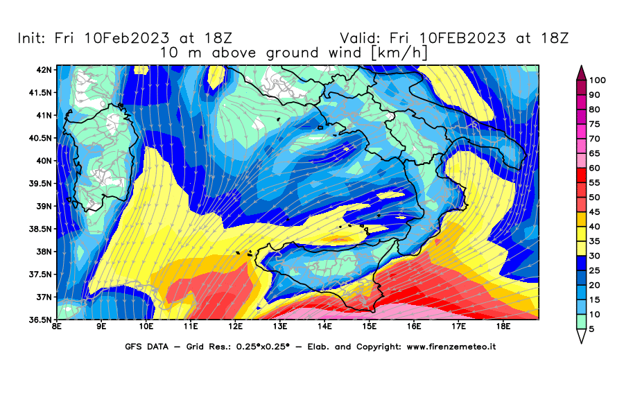 Mappa di analisi GFS - Velocità del vento a 10 metri dal suolo [km/h] in Sud-Italia
							del 10/02/2023 18 <!--googleoff: index-->UTC<!--googleon: index-->