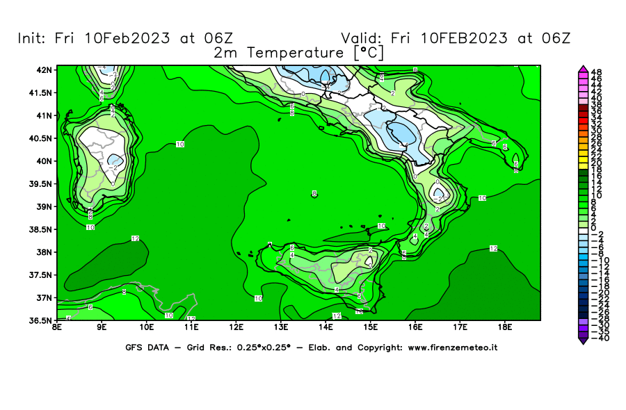 Mappa di analisi GFS - Temperatura a 2 metri dal suolo [°C] in Sud-Italia
							del 10/02/2023 06 <!--googleoff: index-->UTC<!--googleon: index-->