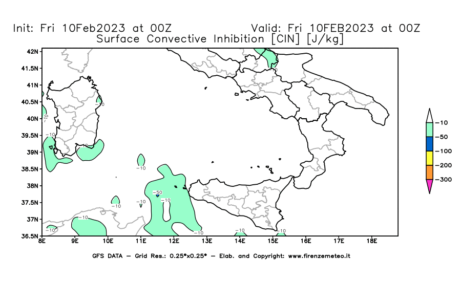 Mappa di analisi GFS - CIN [J/kg] in Sud-Italia
							del 10/02/2023 00 <!--googleoff: index-->UTC<!--googleon: index-->