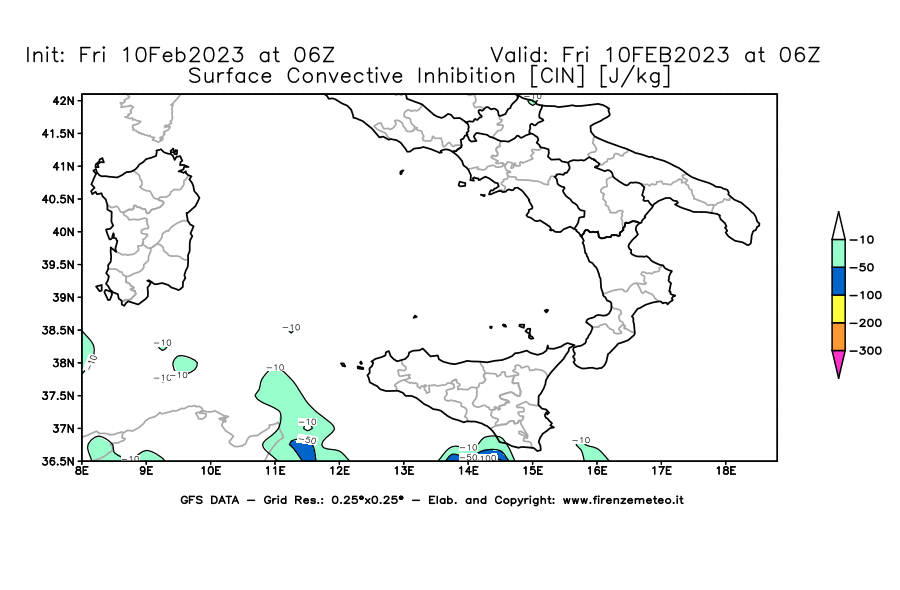 Mappa di analisi GFS - CIN [J/kg] in Sud-Italia
							del 10/02/2023 06 <!--googleoff: index-->UTC<!--googleon: index-->
