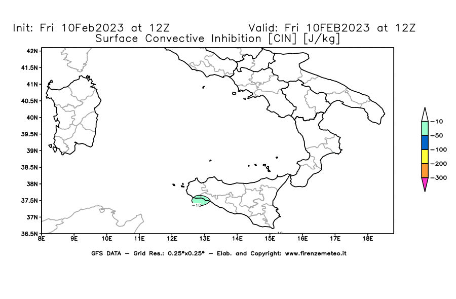 Mappa di analisi GFS - CIN [J/kg] in Sud-Italia
							del 10/02/2023 12 <!--googleoff: index-->UTC<!--googleon: index-->