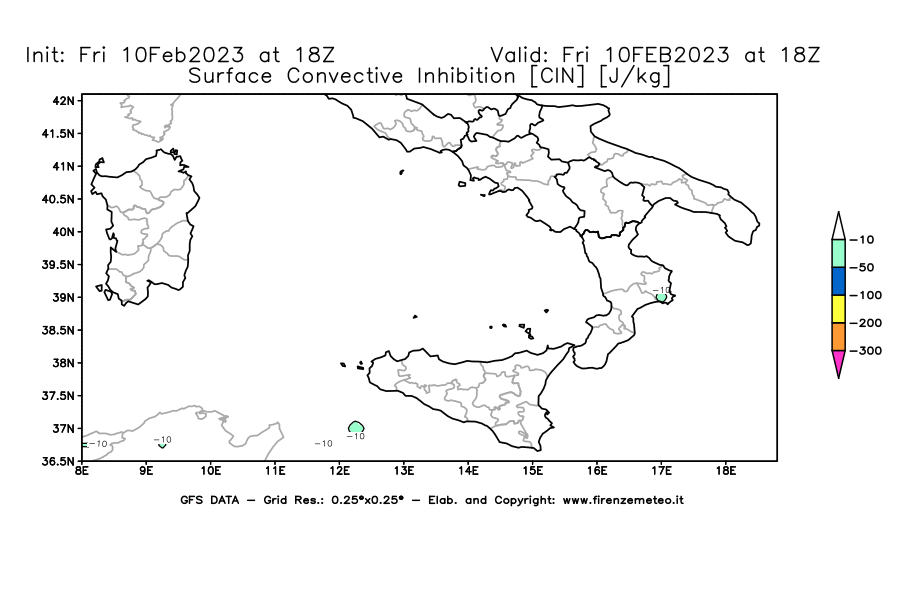 Mappa di analisi GFS - CIN [J/kg] in Sud-Italia
							del 10/02/2023 18 <!--googleoff: index-->UTC<!--googleon: index-->