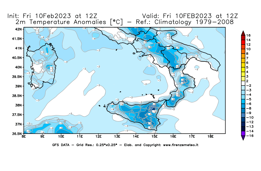 Mappa di analisi GFS - Anomalia Temperatura [°C] a 2 m in Sud-Italia
							del 10/02/2023 12 <!--googleoff: index-->UTC<!--googleon: index-->