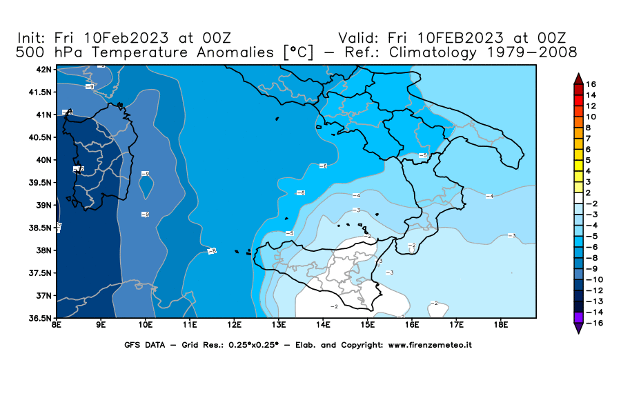Mappa di analisi GFS - Anomalia Temperatura [°C] a 500 hPa in Sud-Italia
							del 10/02/2023 00 <!--googleoff: index-->UTC<!--googleon: index-->