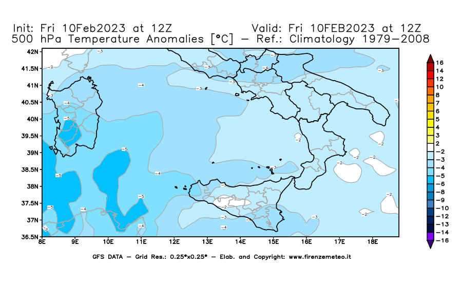 Mappa di analisi GFS - Anomalia Temperatura [°C] a 500 hPa in Sud-Italia
							del 10/02/2023 12 <!--googleoff: index-->UTC<!--googleon: index-->