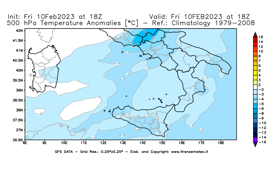 Mappa di analisi GFS - Anomalia Temperatura [°C] a 500 hPa in Sud-Italia
							del 10/02/2023 18 <!--googleoff: index-->UTC<!--googleon: index-->