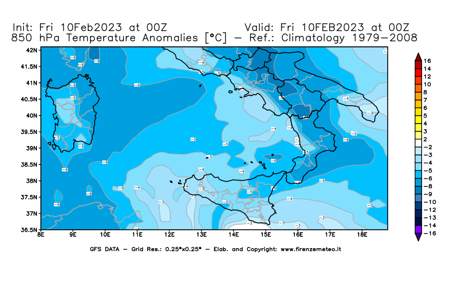 Mappa di analisi GFS - Anomalia Temperatura [°C] a 850 hPa in Sud-Italia
							del 10/02/2023 00 <!--googleoff: index-->UTC<!--googleon: index-->