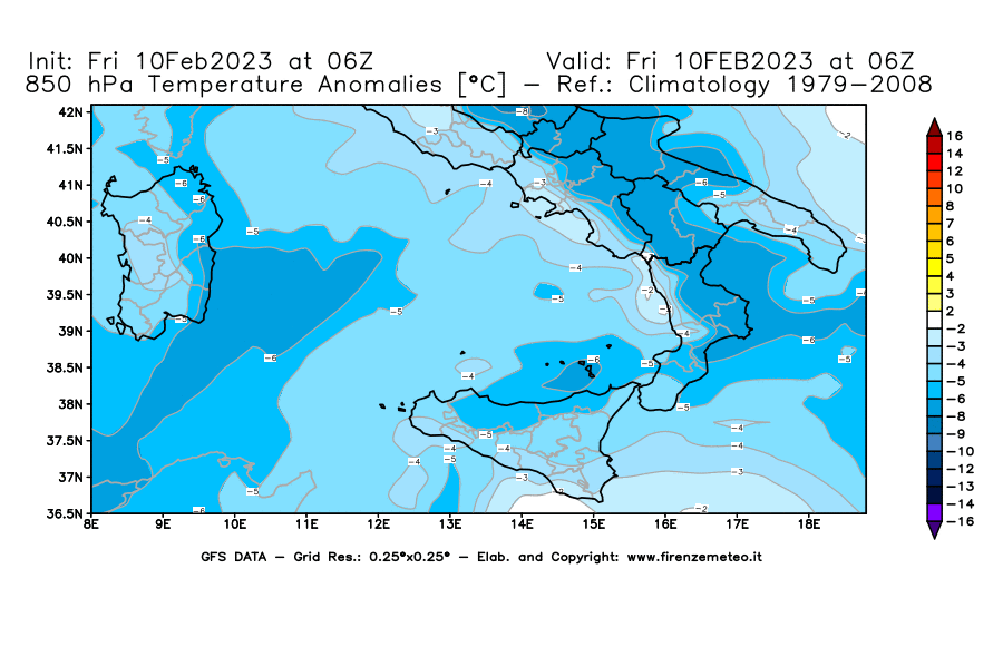 Mappa di analisi GFS - Anomalia Temperatura [°C] a 850 hPa in Sud-Italia
							del 10/02/2023 06 <!--googleoff: index-->UTC<!--googleon: index-->