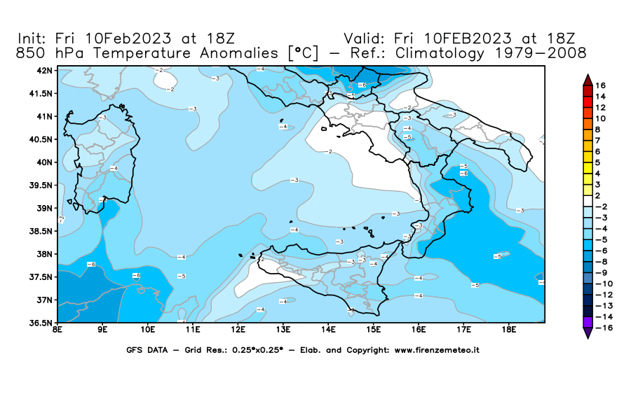 Mappa di analisi GFS - Anomalia Temperatura [°C] a 850 hPa in Sud-Italia
							del 10/02/2023 18 <!--googleoff: index-->UTC<!--googleon: index-->