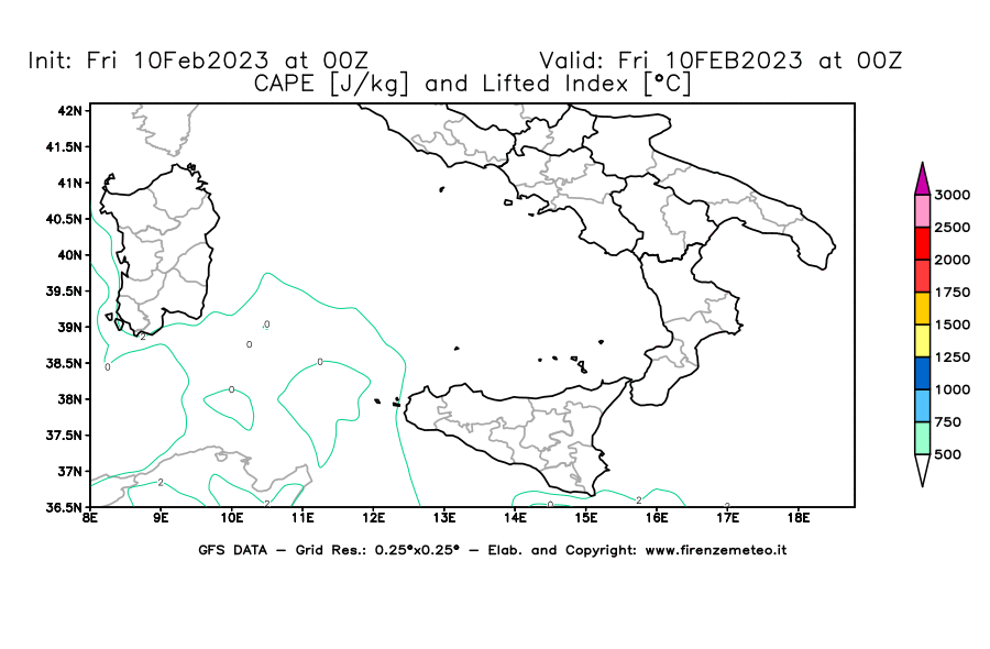 Mappa di analisi GFS - CAPE [J/kg] e Lifted Index [°C] in Sud-Italia
							del 10/02/2023 00 <!--googleoff: index-->UTC<!--googleon: index-->