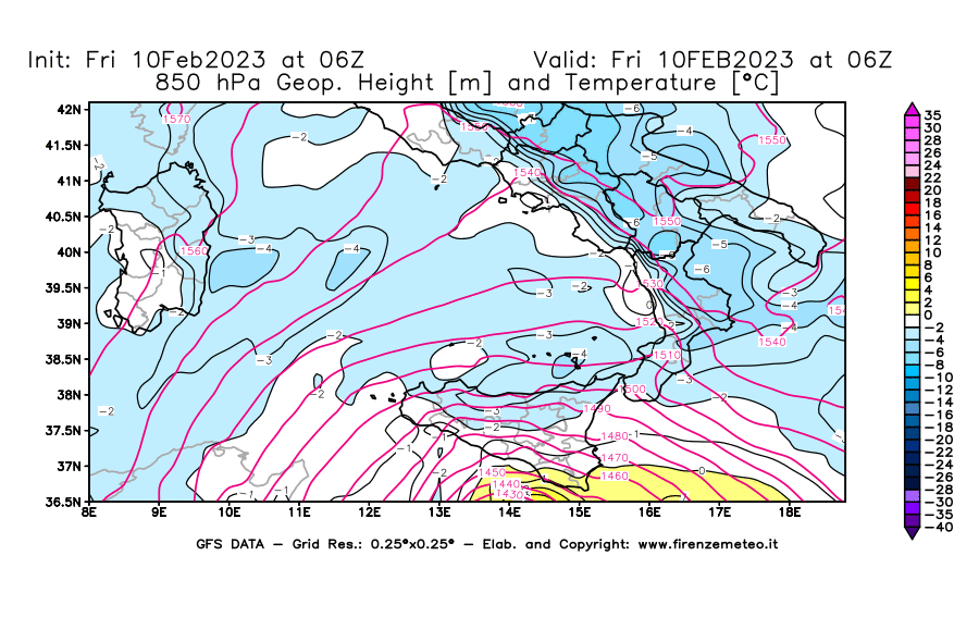Mappa di analisi GFS - Geopotenziale [m] e Temperatura [°C] a 850 hPa in Sud-Italia
							del 10/02/2023 06 <!--googleoff: index-->UTC<!--googleon: index-->