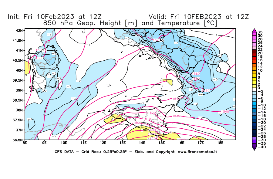 Mappa di analisi GFS - Geopotenziale [m] e Temperatura [°C] a 850 hPa in Sud-Italia
							del 10/02/2023 12 <!--googleoff: index-->UTC<!--googleon: index-->