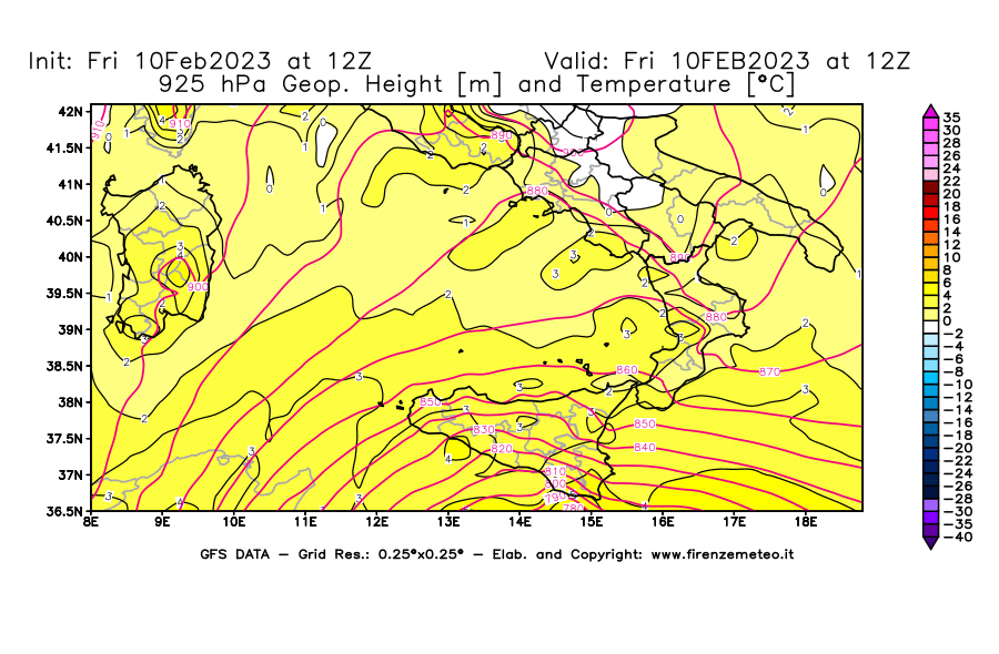 Mappa di analisi GFS - Geopotenziale [m] e Temperatura [°C] a 925 hPa in Sud-Italia
							del 10/02/2023 12 <!--googleoff: index-->UTC<!--googleon: index-->