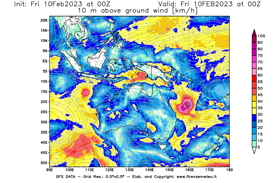 Mappa di analisi GFS - Velocità del vento a 10 metri dal suolo [km/h] in Oceania
							del 10/02/2023 00 <!--googleoff: index-->UTC<!--googleon: index-->