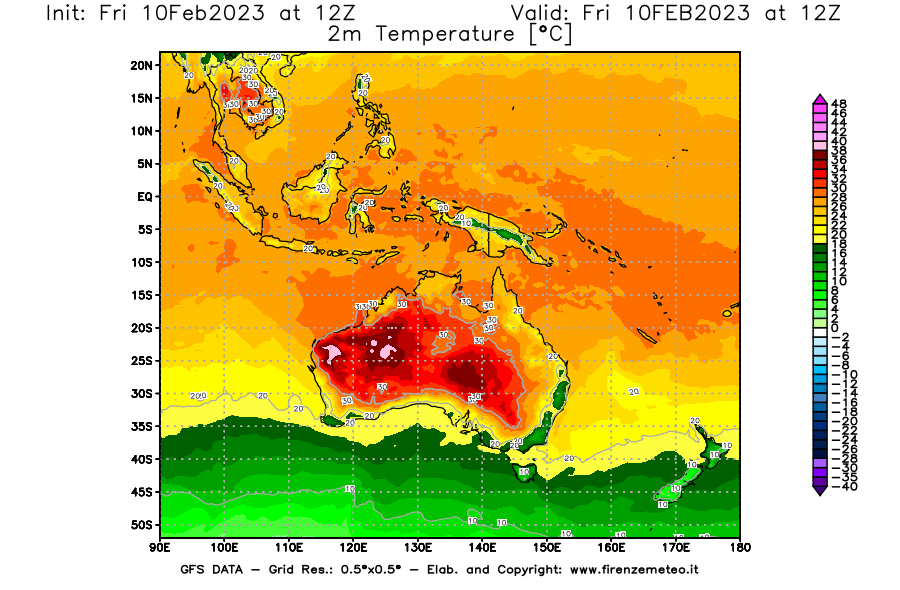 Mappa di analisi GFS - Temperatura a 2 metri dal suolo [°C] in Oceania
							del 10/02/2023 12 <!--googleoff: index-->UTC<!--googleon: index-->