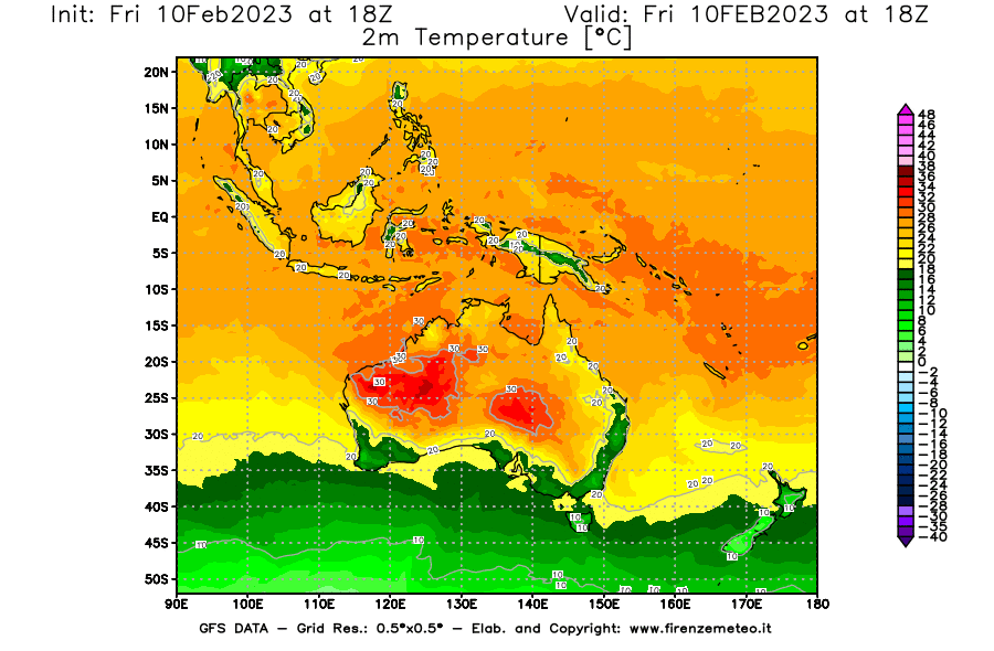 Mappa di analisi GFS - Temperatura a 2 metri dal suolo [°C] in Oceania
							del 10/02/2023 18 <!--googleoff: index-->UTC<!--googleon: index-->